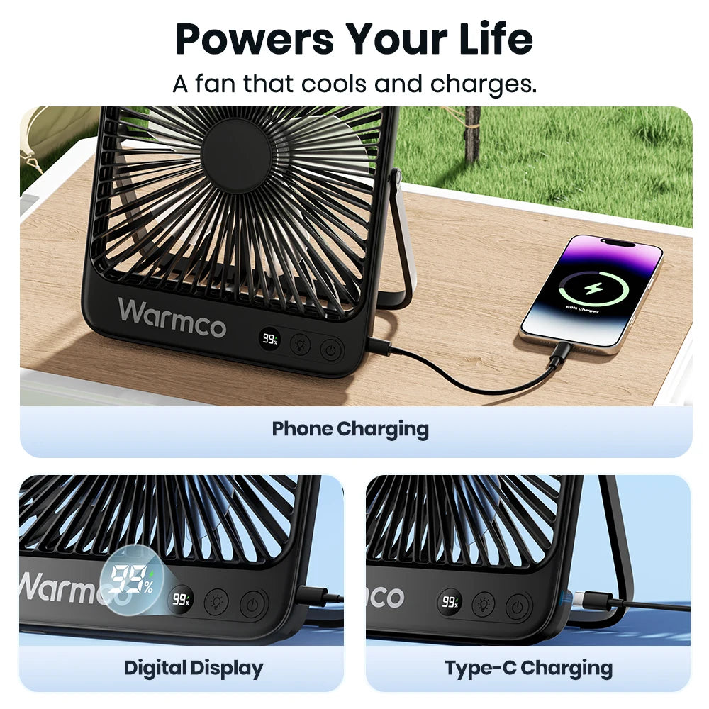 D4 Portable Desk Fan Rechargeable 20000Mah Camping Fan with Light,48Hrs Run Time 8" Silent Personal Fan Digital Display